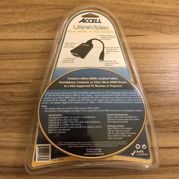 ACCELL Ultra Video Micro HDMI To VGA Adapter w/ Cable - New / Sealed - Picture 2 of 2